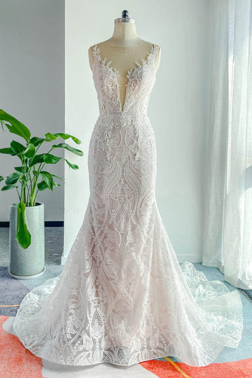 Trumpet-Mermaid Chapel Train Lace Tulle Wedding Dress CW3145