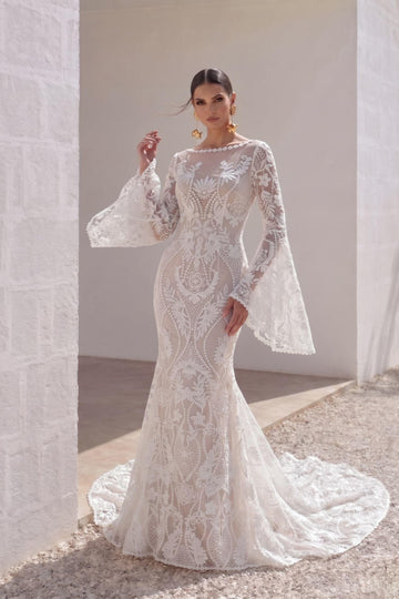 Trumpet-Mermaid Chapel Train Lace Tulle Wedding Dress CW3146