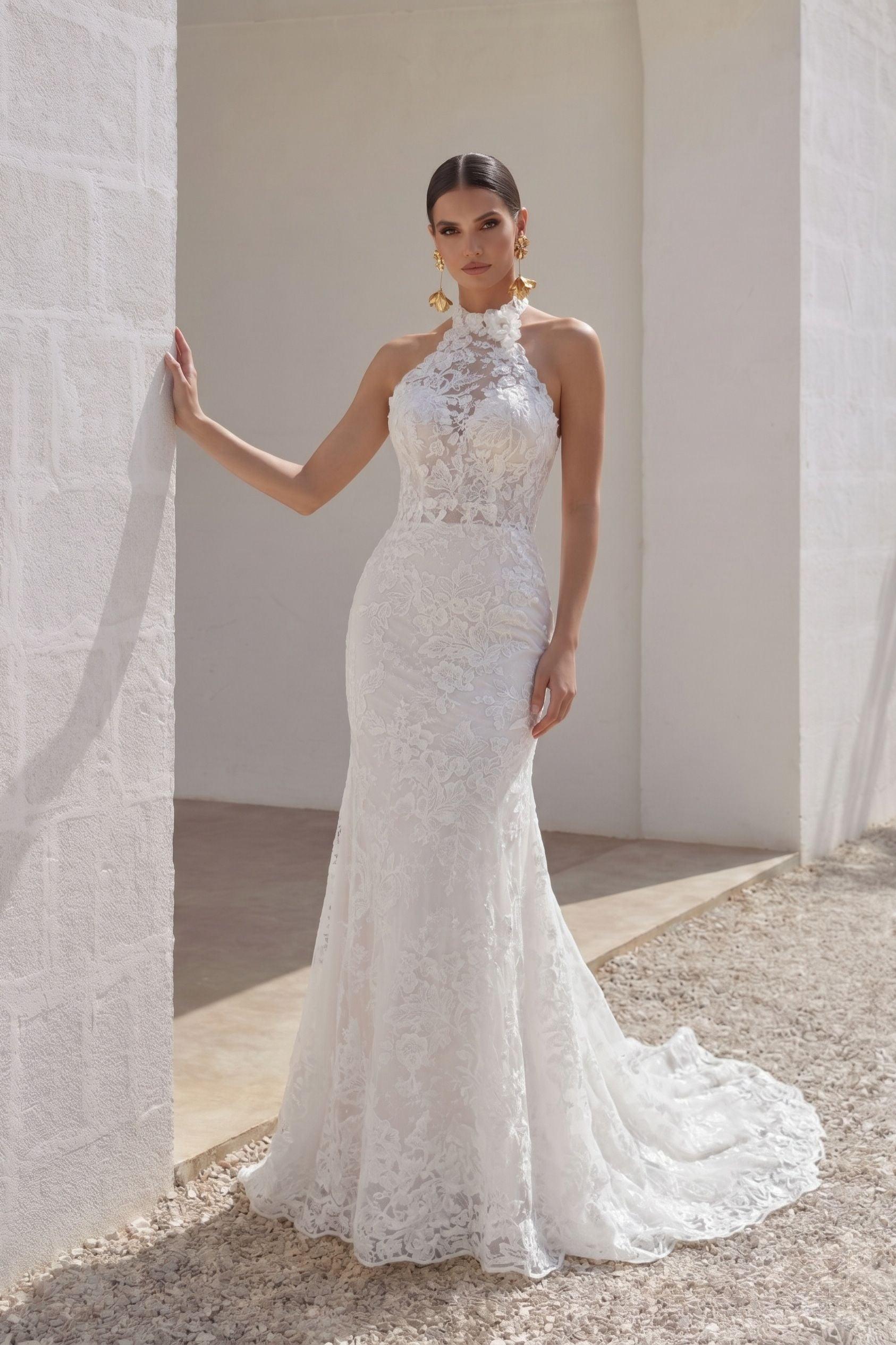 Trumpet-Mermaid Sweep-Brush Train Lace Tulle Wedding Dress CW3147