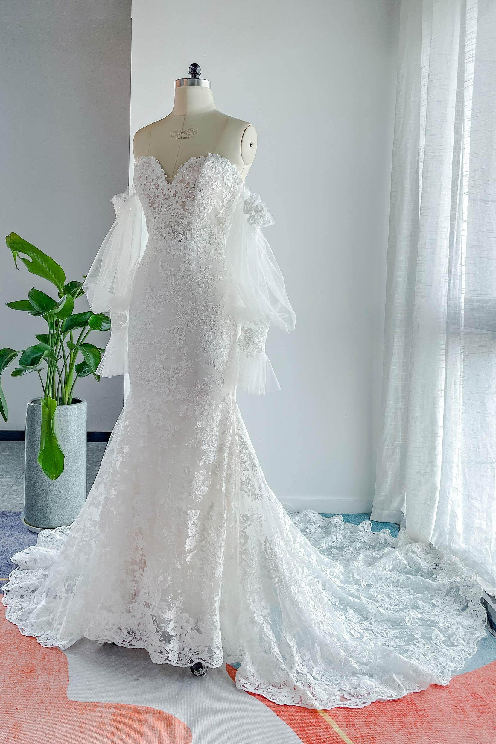 Trumpet-Mermaid Court Train Lace Tulle Wedding Dress CW3148