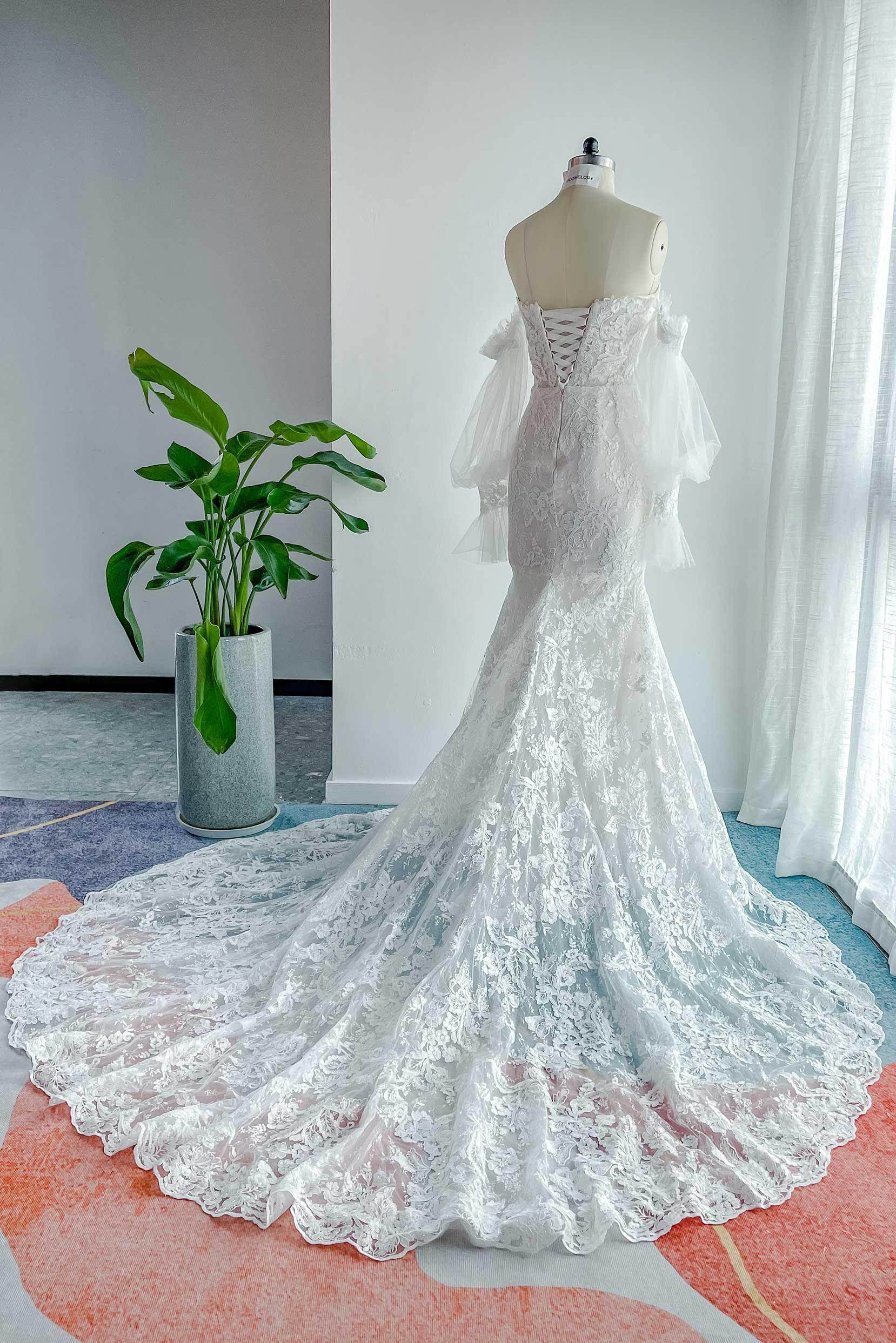 Trumpet-Mermaid Court Train Lace Tulle Wedding Dress CW3148