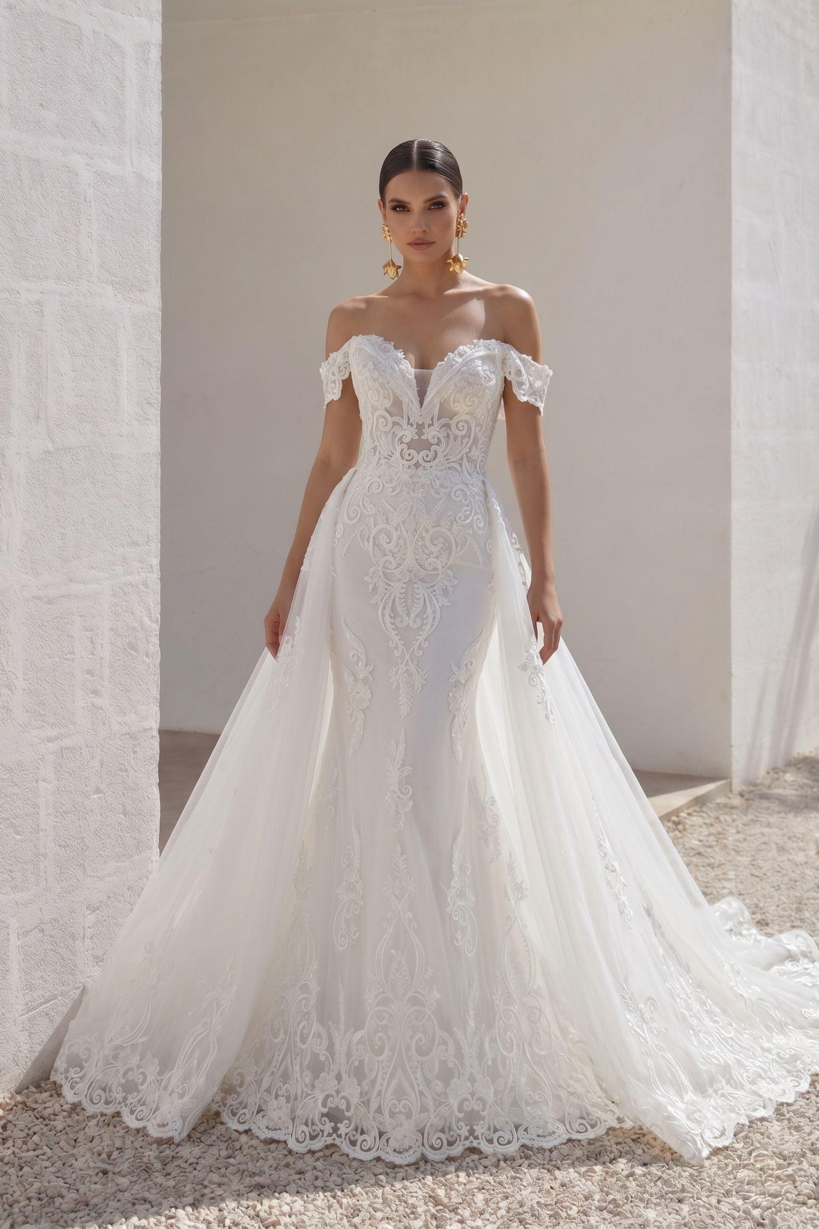Trumpet-Mermaid Chapel Train Lace Tulle Wedding Dress CW3149