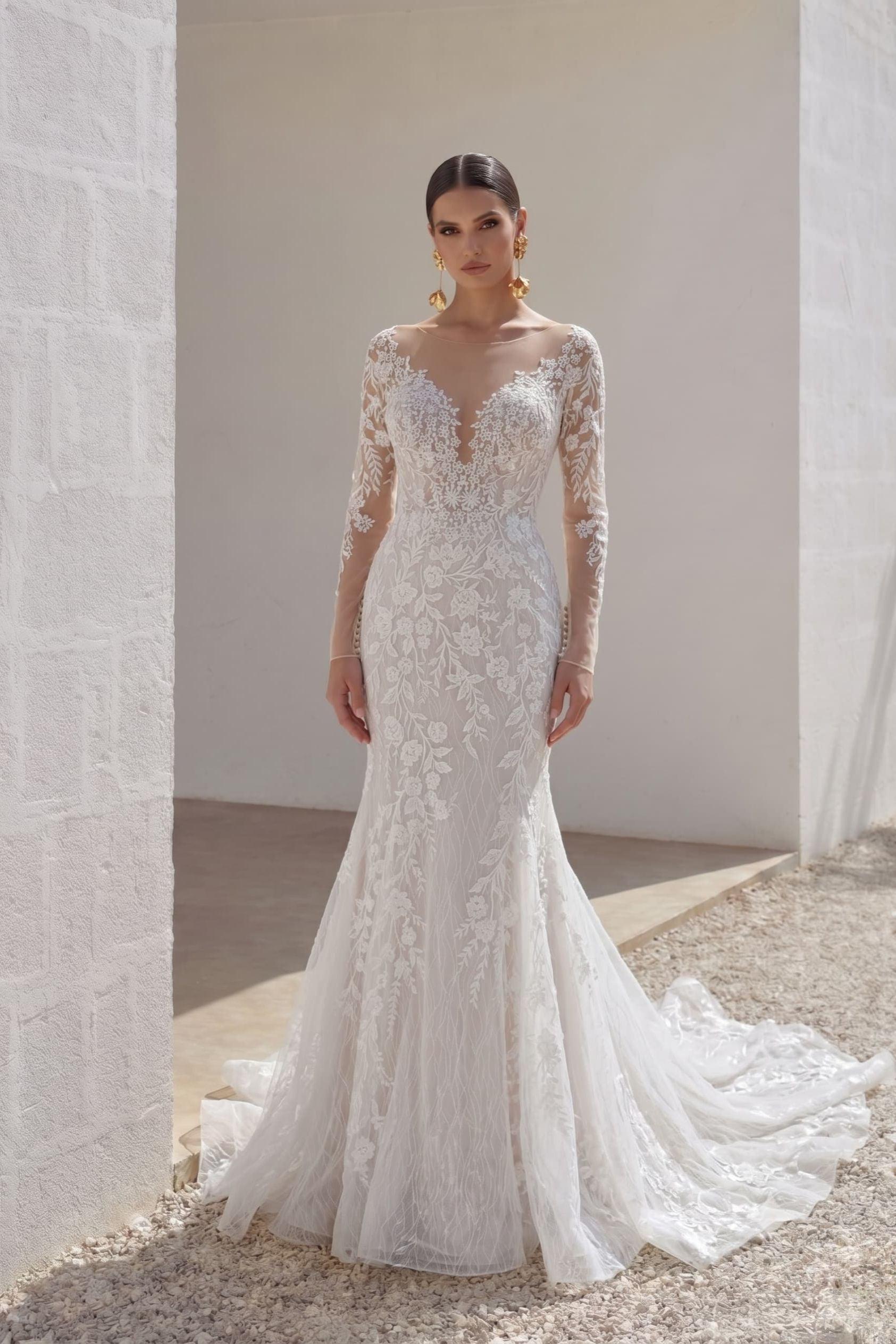 Trumpet-Mermaid Chapel Train Lace Tulle Wedding Dress CW3152