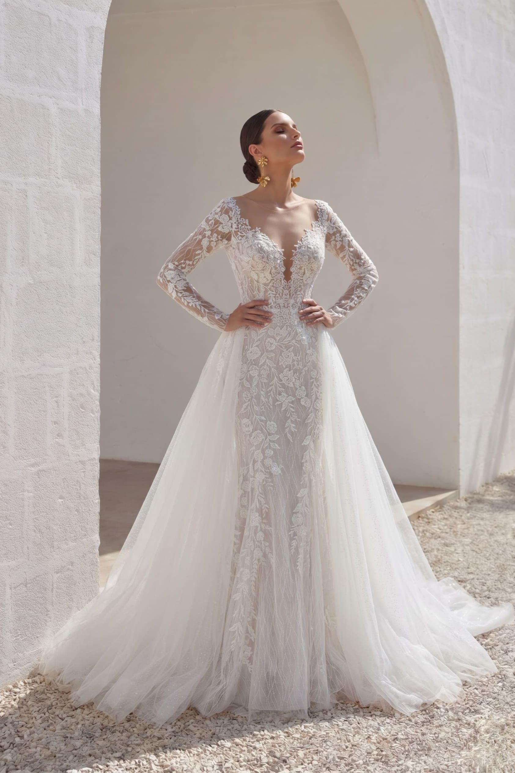 Trumpet-Mermaid Chapel Train Lace Tulle Wedding Dress CW3152