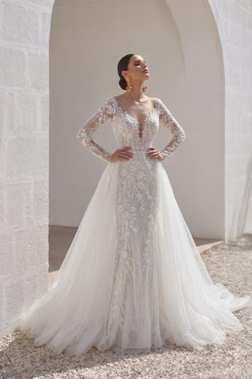 Trumpet-Mermaid Chapel Train Lace Tulle Wedding Dress CW3152
