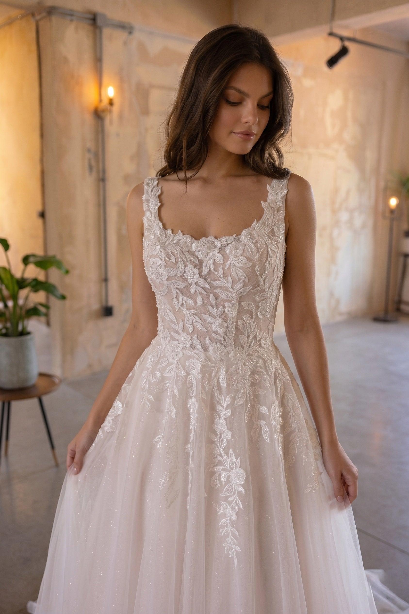 A-Line Court Train Lace Tulle Wedding Dress CW3153