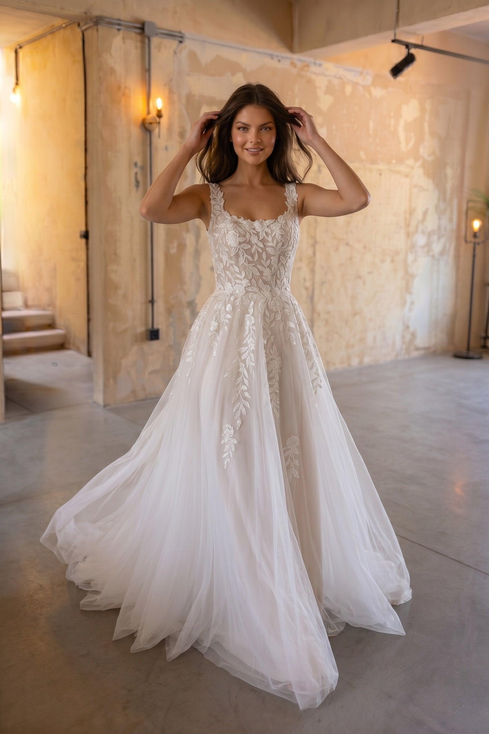 A-Line Court Train Lace Tulle Wedding Dress CW3153