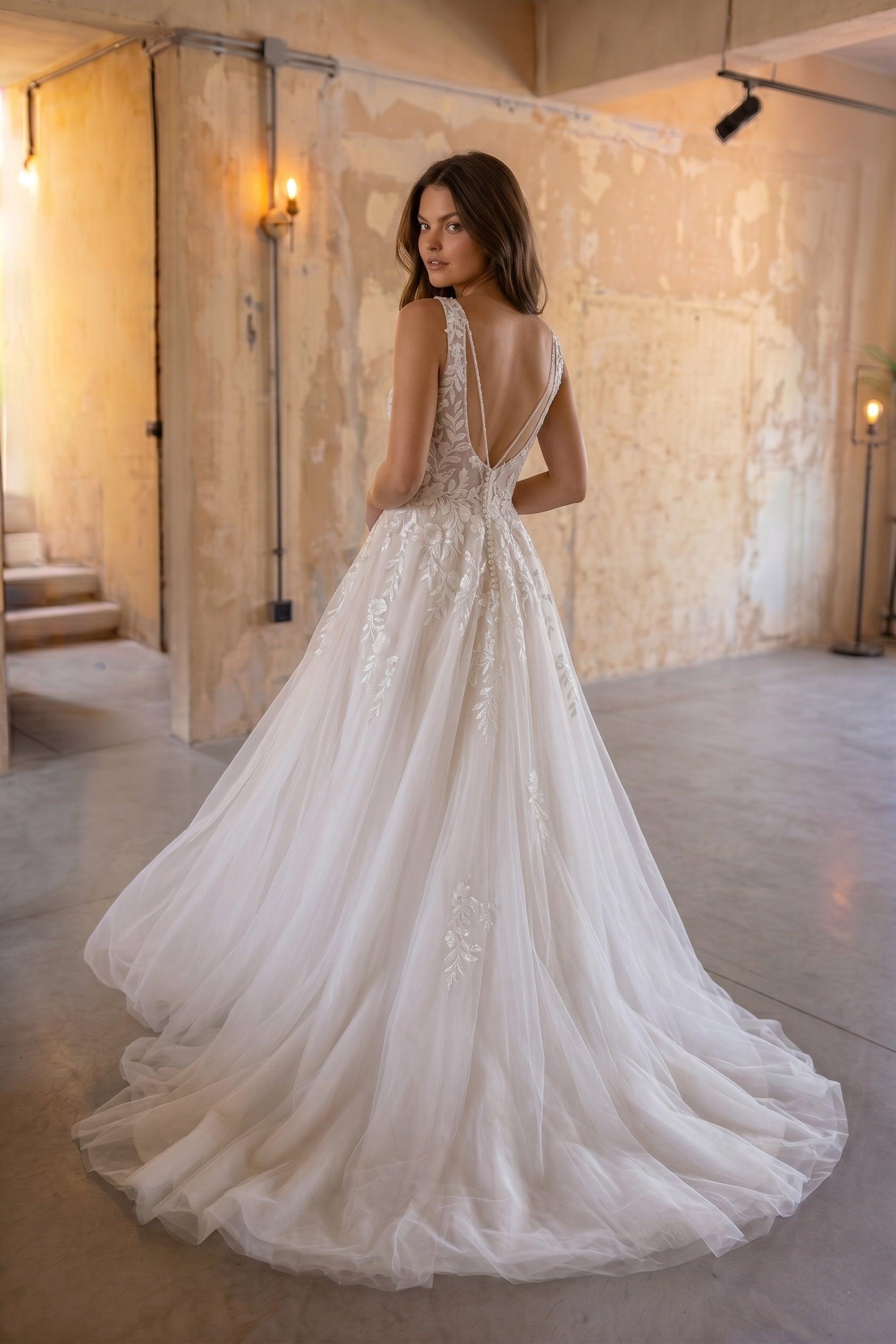 A-Line Court Train Lace Tulle Wedding Dress CW3153