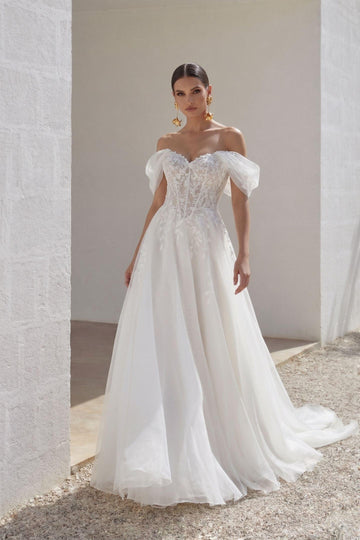A-Line Court Train Lace Tulle Wedding Dress CW3158