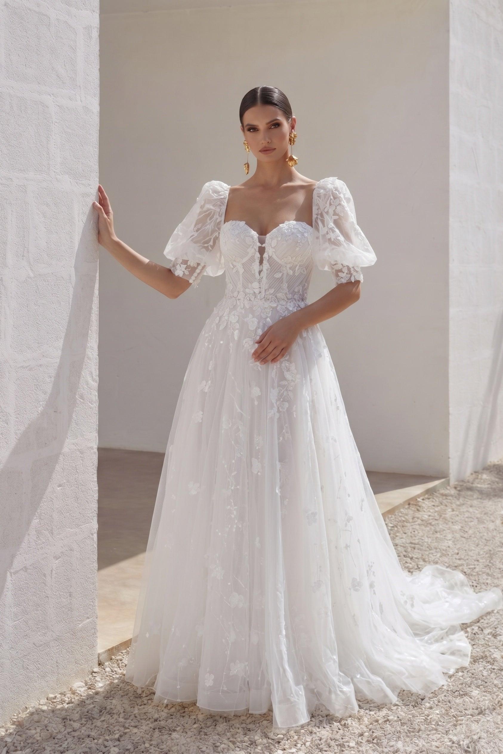 A-Line Court Train Lace Tulle Wedding Dress CW3161