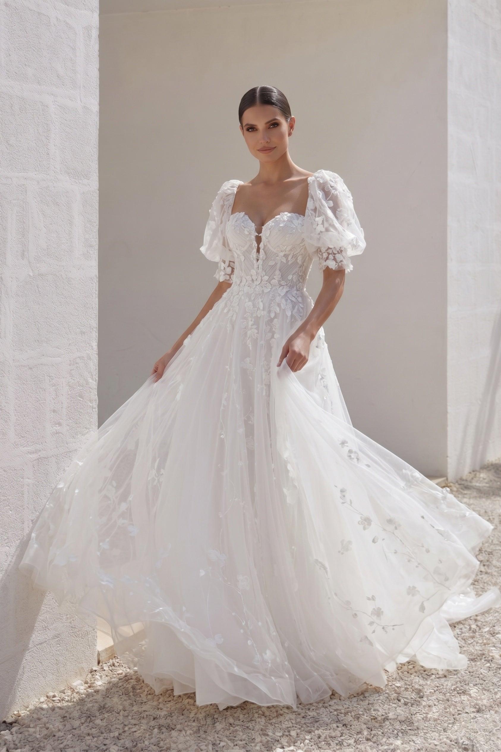 A-Line Court Train Lace Tulle Wedding Dress CW3161