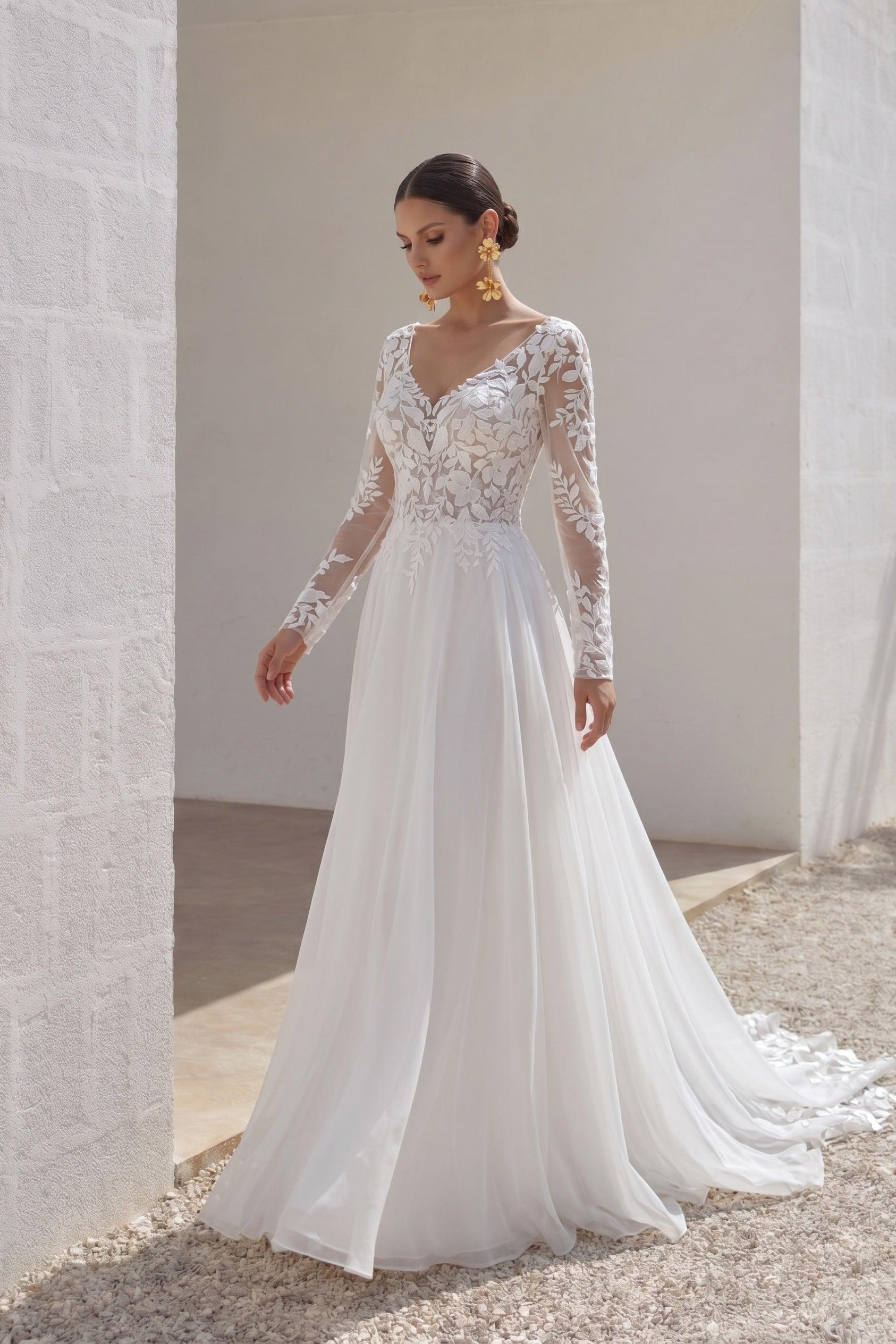 A-Line Court Train Lace Chiffon Wedding Dress CW3163