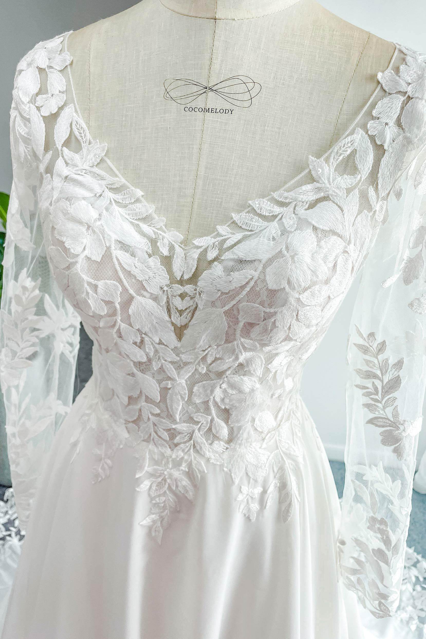A-Line Court Train Lace Chiffon Wedding Dress CW3163