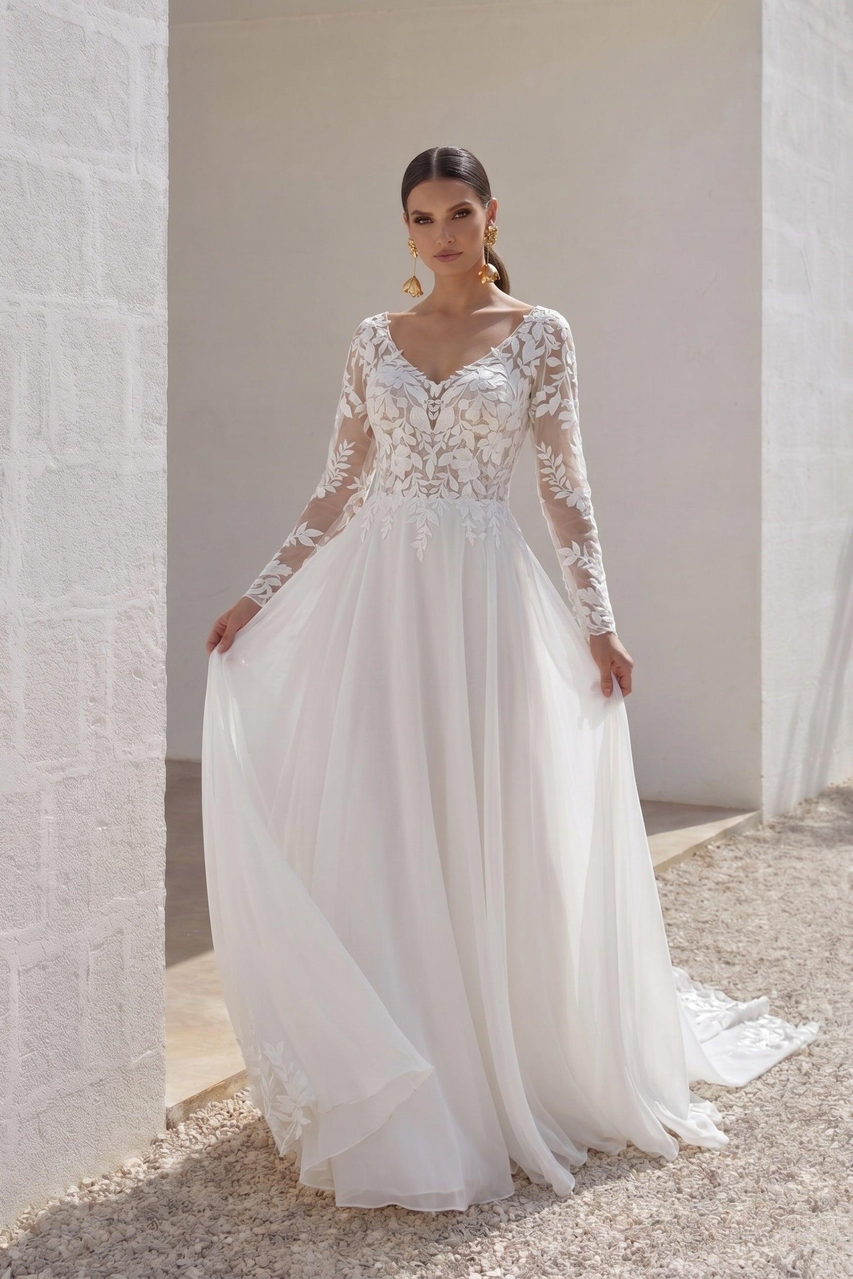 A-Line Court Train Lace Chiffon Wedding Dress CW3163