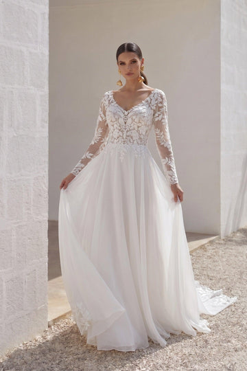 A-Line Court Train Lace Chiffon Wedding Dress CW3163