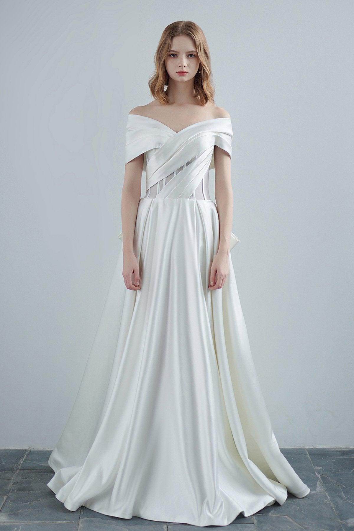 A-Line Sweep-Brush Train Satin Wedding Dress CW3208