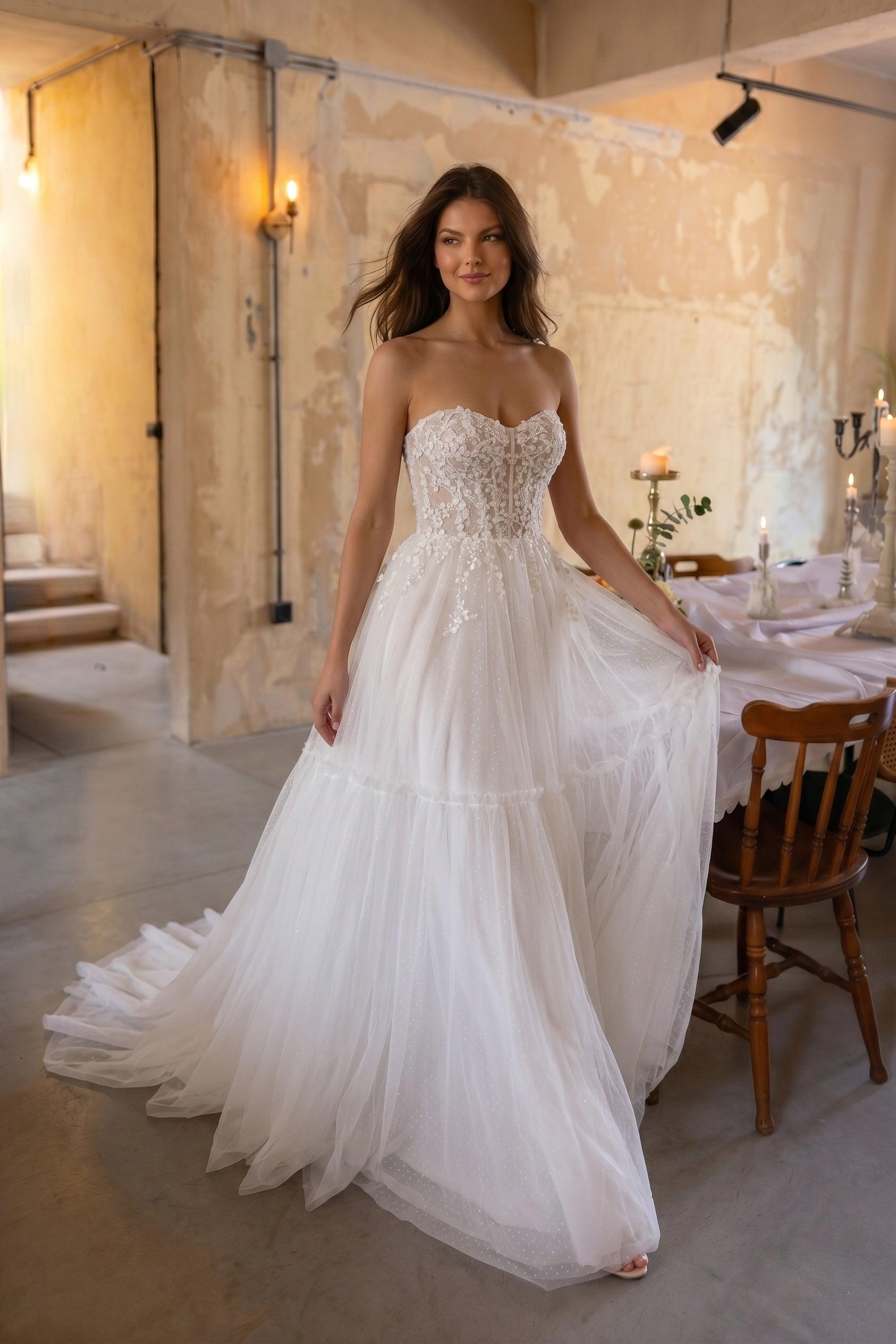A-Line Court Train Lace Tulle Wedding Dress CW3229
