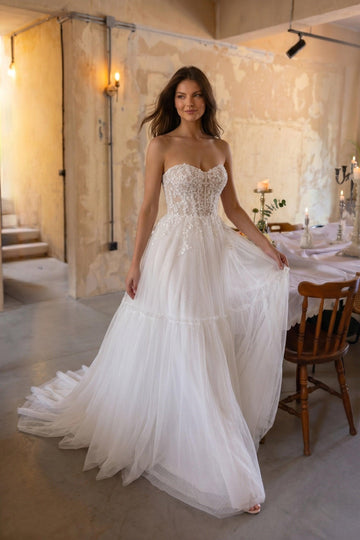 A-Line Court Train Lace Tulle Wedding Dress CW3229