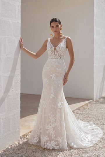 Trumpet-Mermaid Chapel Train Lace Tulle Wedding Dress CW3230