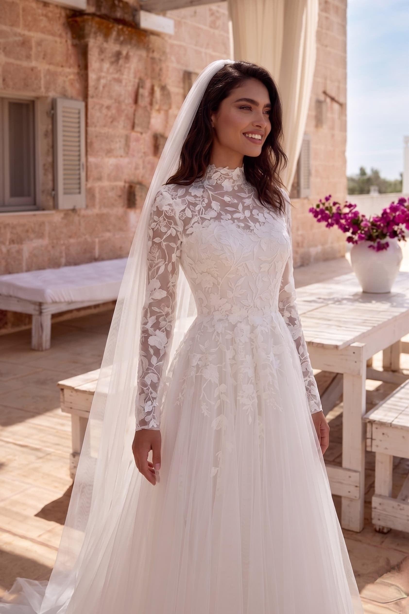 A-Line Court Train Lace Tulle Wedding Dress CW3234