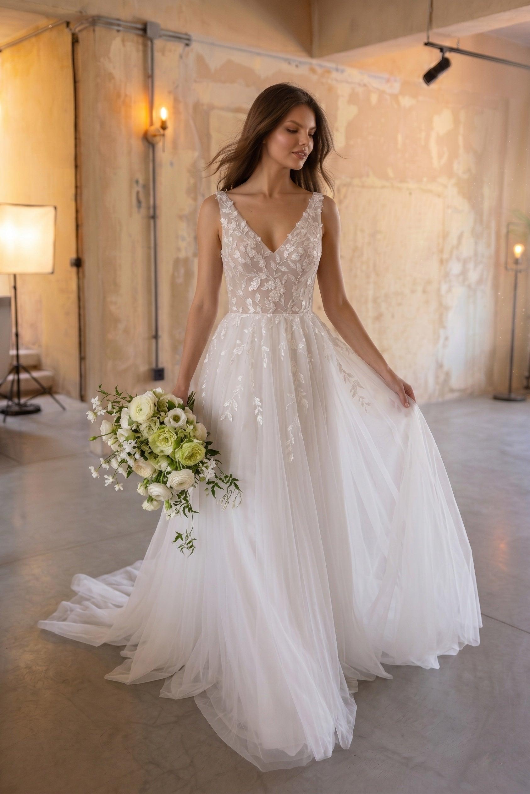 A-Line Court Train Lace Tulle Wedding Dress CW3238
