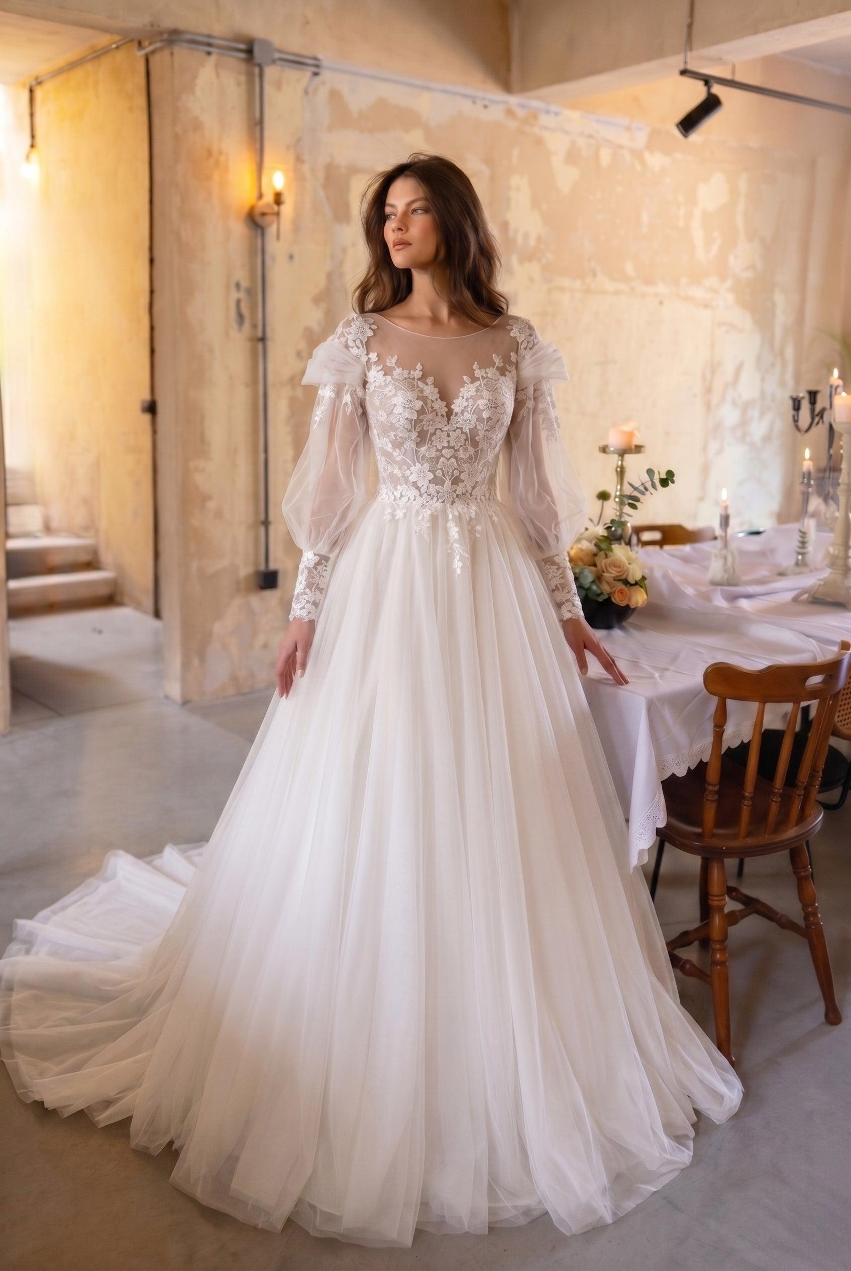 A-Line Chapel Train Lace Tulle Wedding Dress CW3240