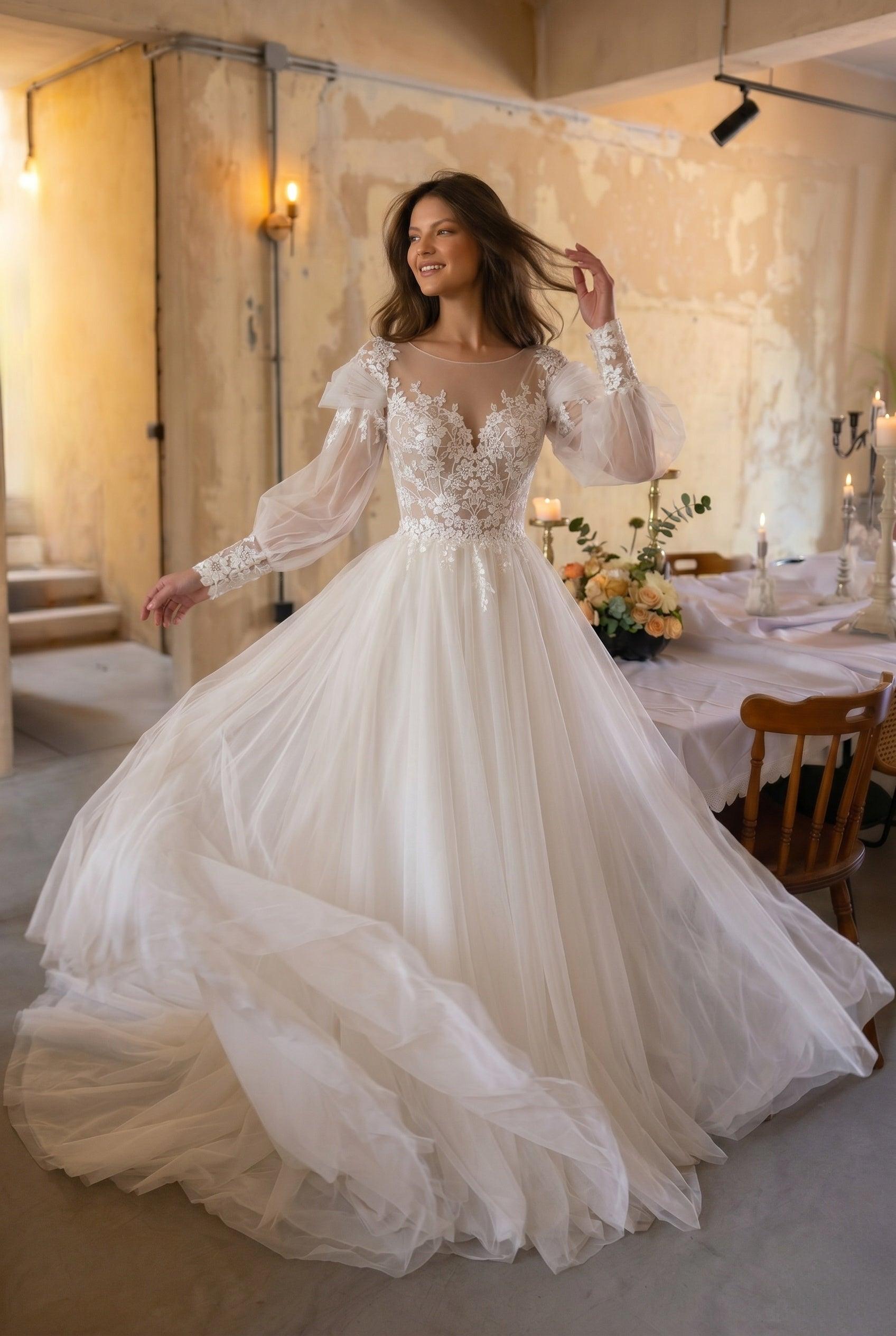 A-Line Chapel Train Lace Tulle Wedding Dress CW3240