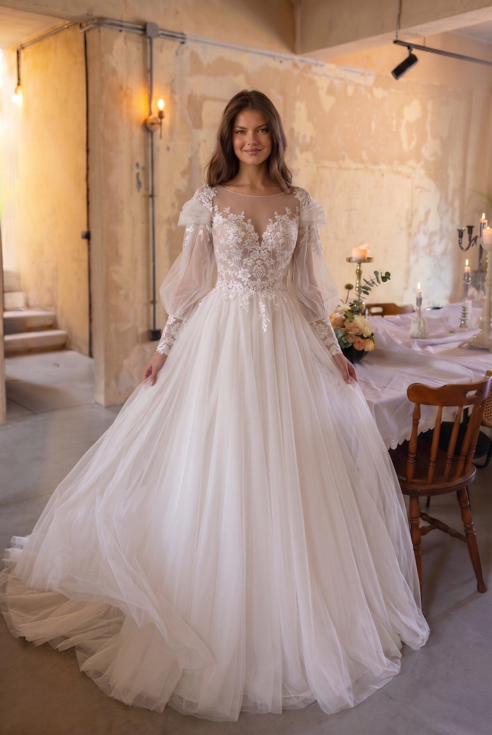 A-Line Chapel Train Lace Tulle Wedding Dress CW3240