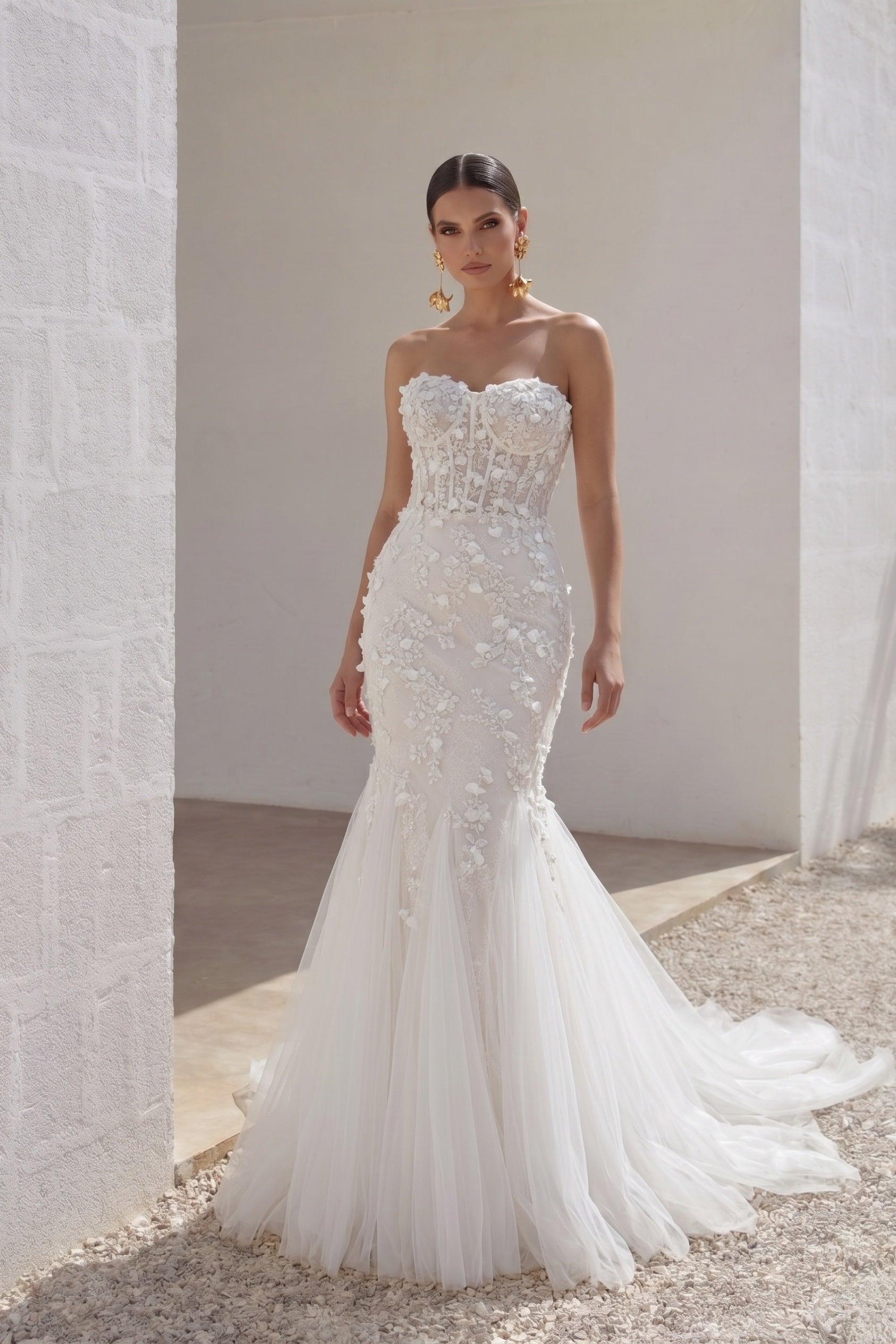 Trumpet-Mermaid Court Train Lace Tulle Wedding Dress CW3244