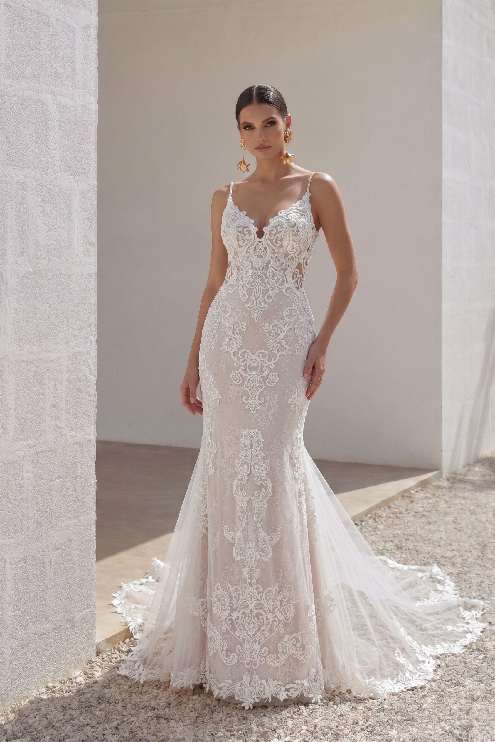 Trumpet-Mermaid Chapel Train Lace Tulle Wedding Dress CW3249