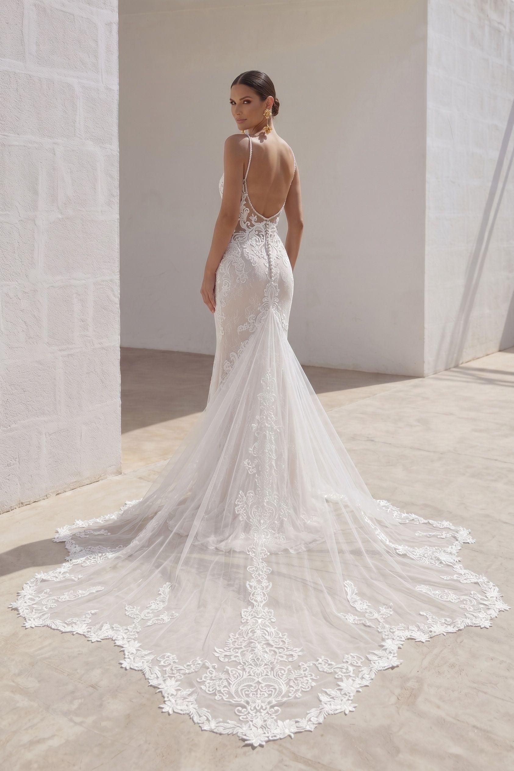 Trumpet-Mermaid Chapel Train Lace Tulle Wedding Dress CW3249
