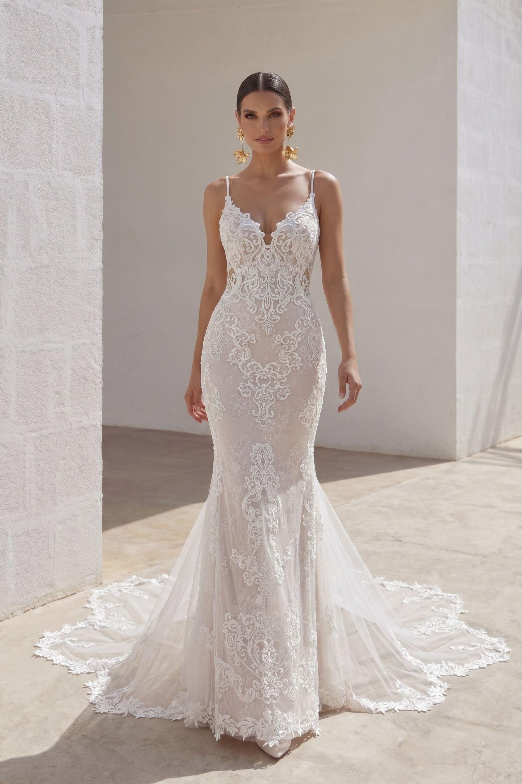 Trumpet-Mermaid Chapel Train Lace Tulle Wedding Dress CW3249