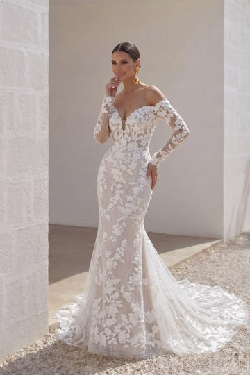 Trumpet-Mermaid Court Train Lace Tulle Wedding Dress CW3250
