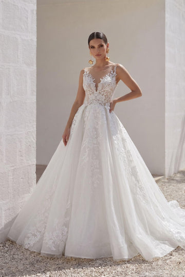 A-Line Chapel Train Lace Tulle Wedding Dress CW3260