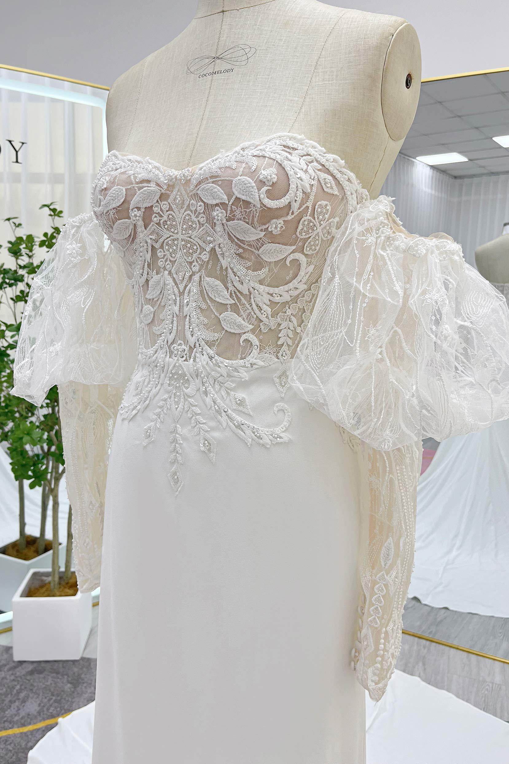 Trumpet-Mermaid Court Train Lace Stretch Satin Wedding Dress CW3266