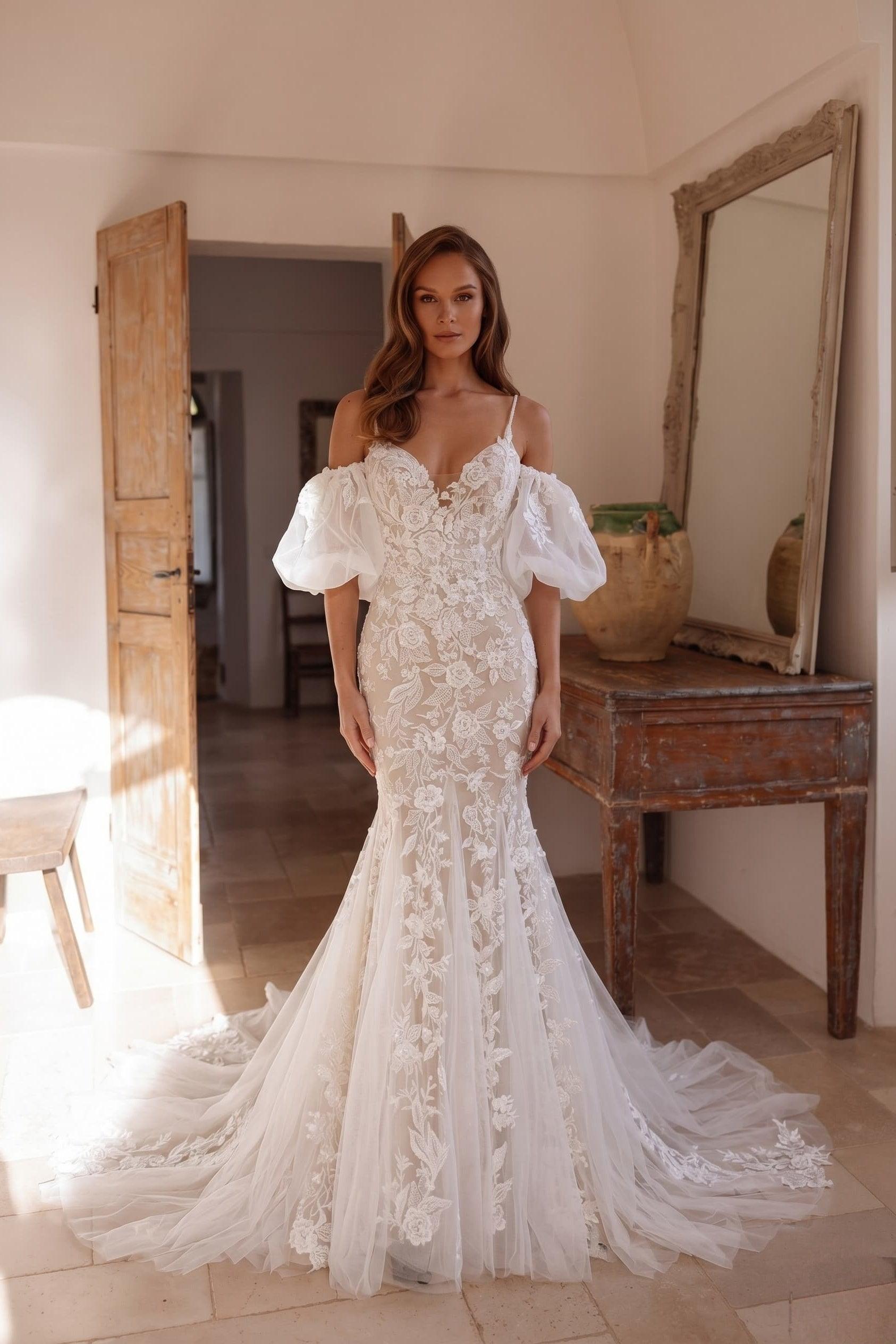 Trumpet-Mermaid Chapel Train Lace Tulle Wedding Dress CW3276