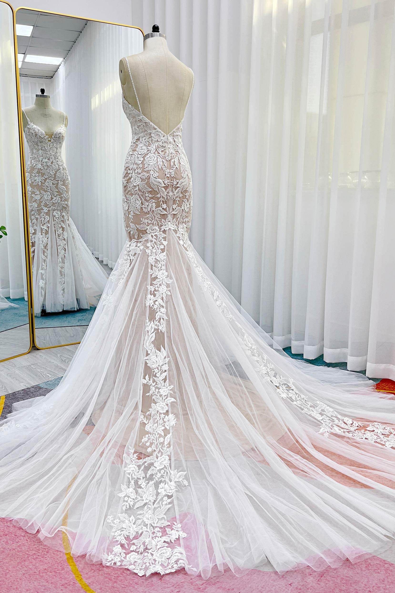 Trumpet-Mermaid Chapel Train Lace Tulle Wedding Dress CW3276