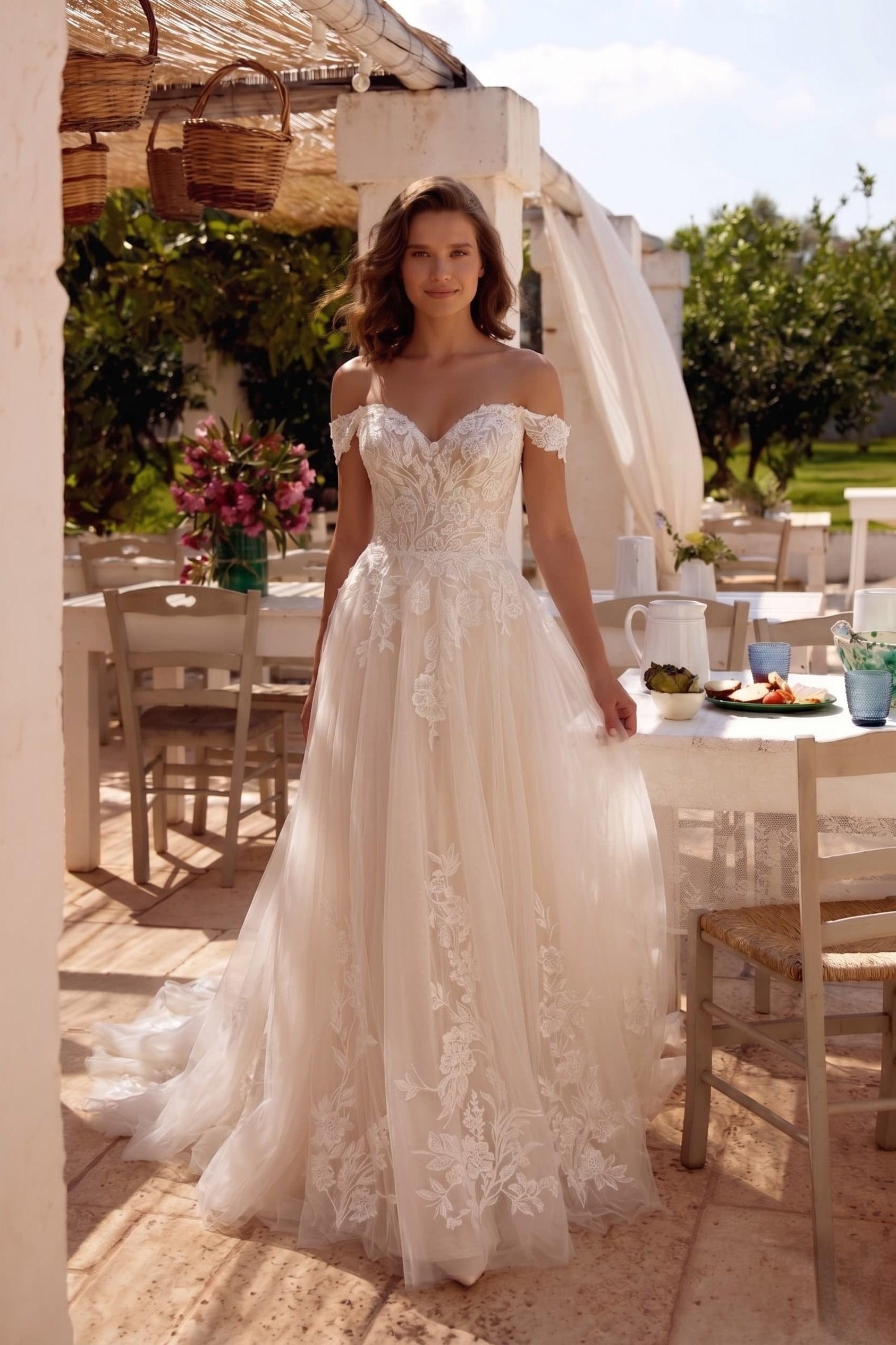 A-Line Chapel Train Lace Tulle Wedding Dress CW3278