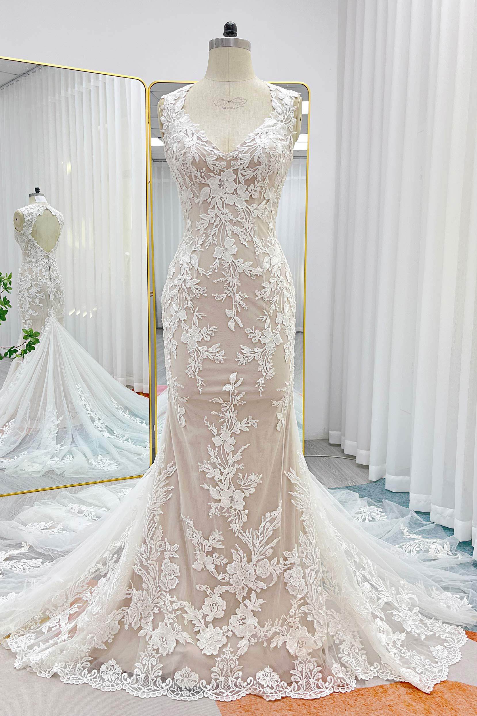 Trumpet-Mermaid Chapel Train Lace Tulle Wedding Dress CW3279