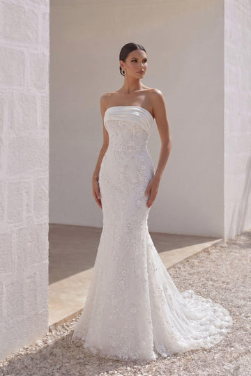 Trumpet-Mermaid Court Train Lace Satin Wedding Dress CW3280