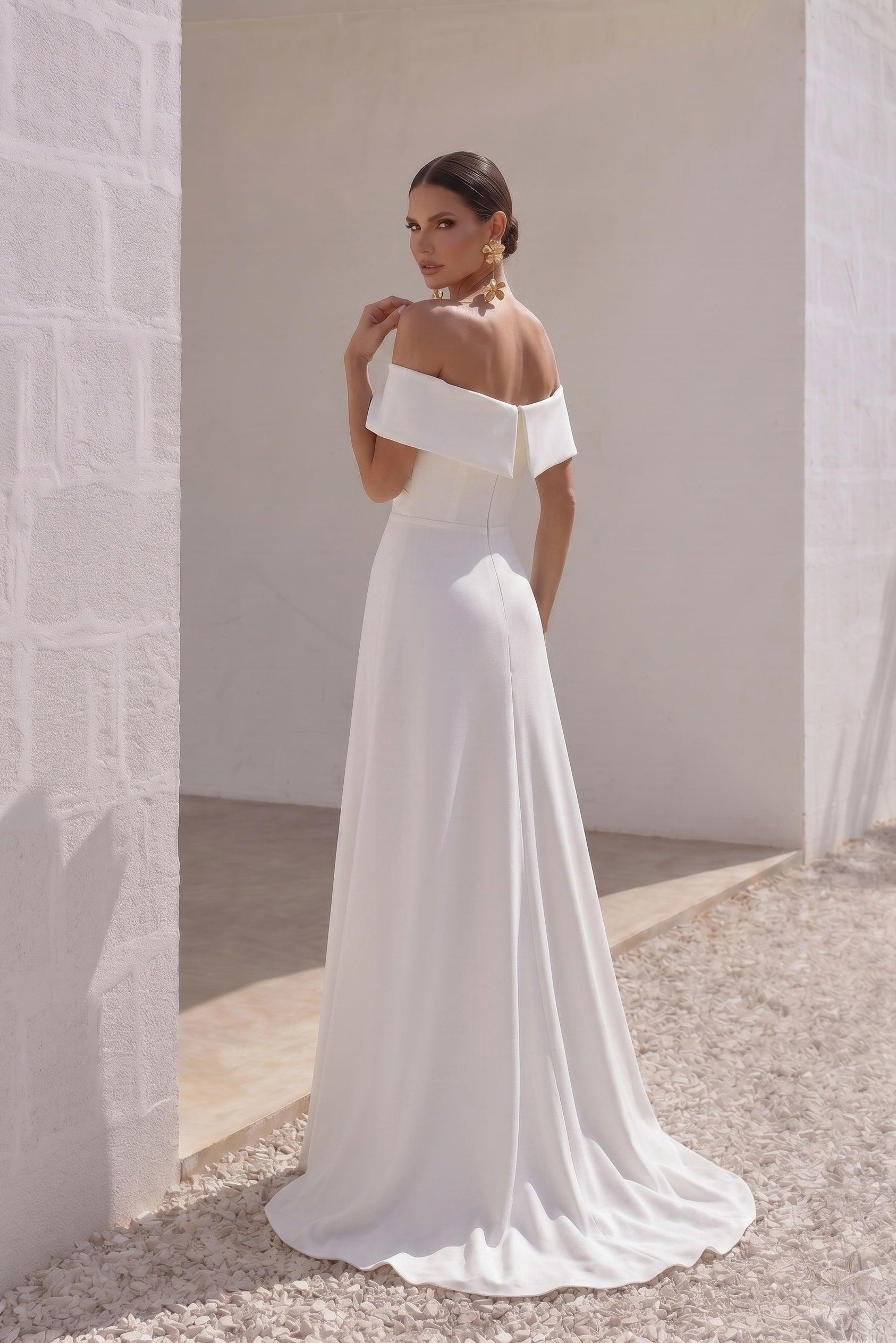 A-Line Sweep-Brush Train Stretch Satin Wedding Dress CW3286