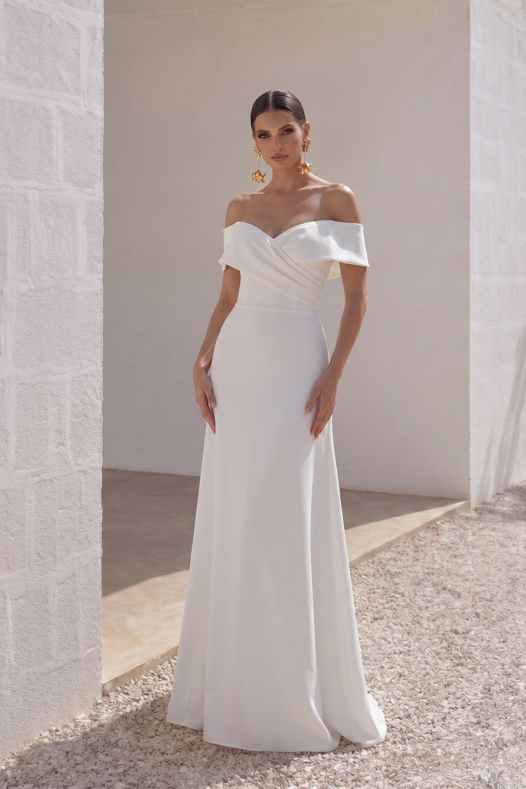 A-Line Sweep-Brush Train Stretch Satin Wedding Dress CW3286