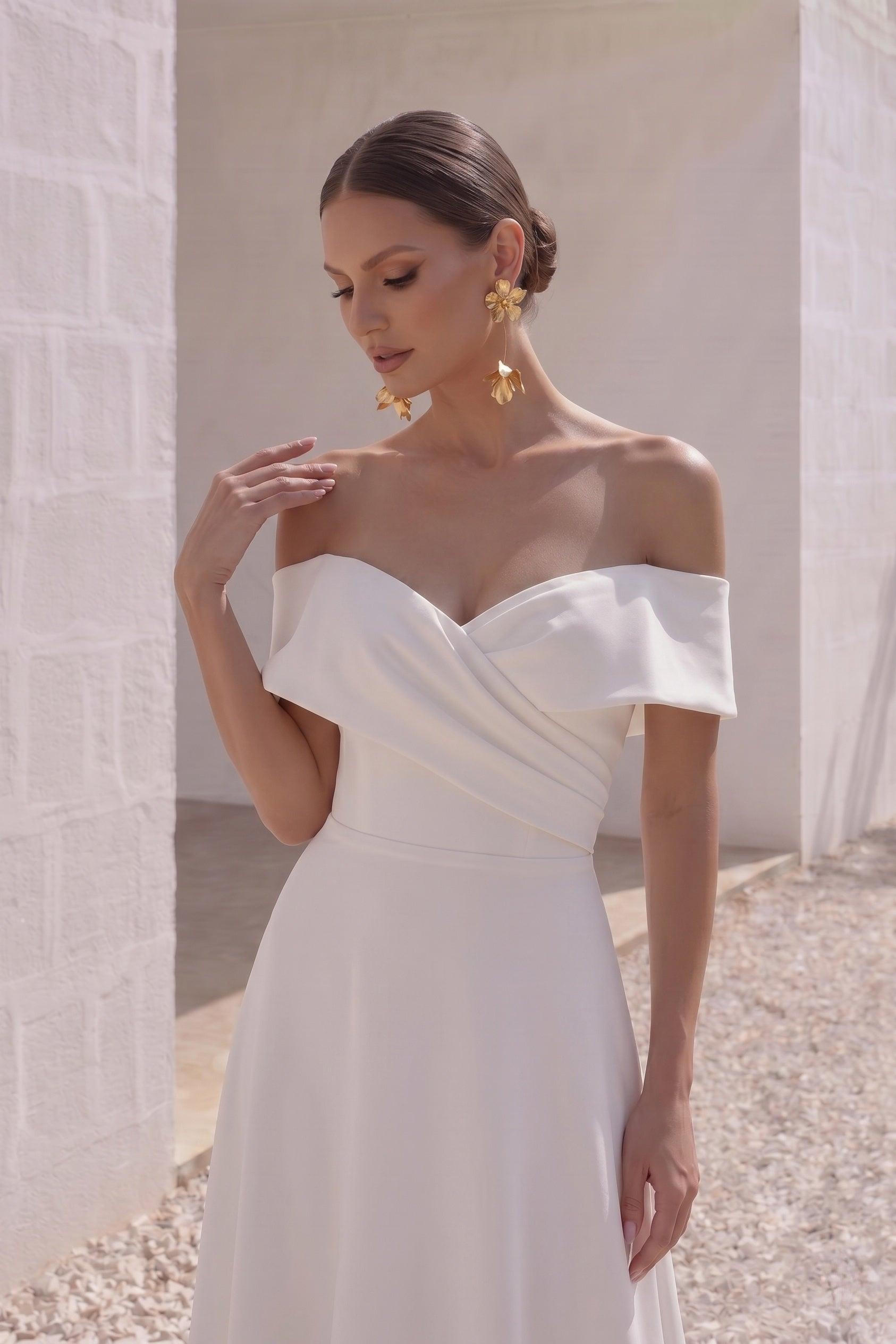 A-Line Sweep-Brush Train Stretch Satin Wedding Dress CW3286