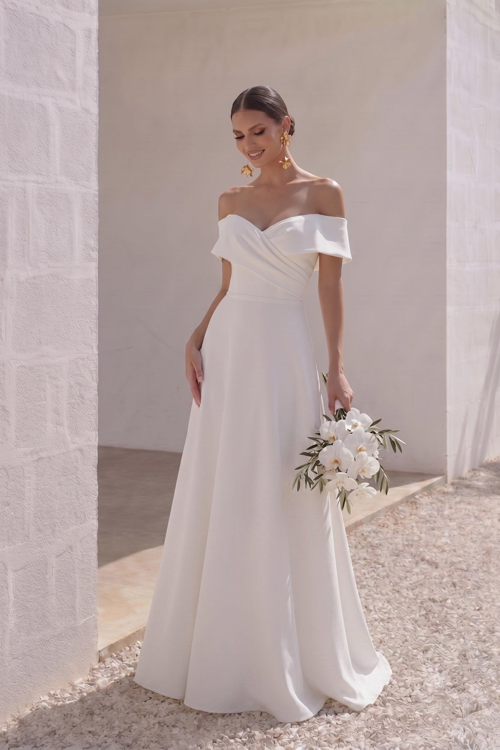 A-Line Sweep-Brush Train Stretch Satin Wedding Dress CW3286