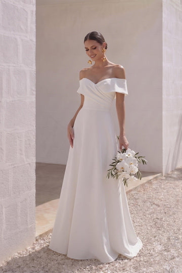 A-Line Sweep-Brush Train Stretch Satin Wedding Dress CW3286