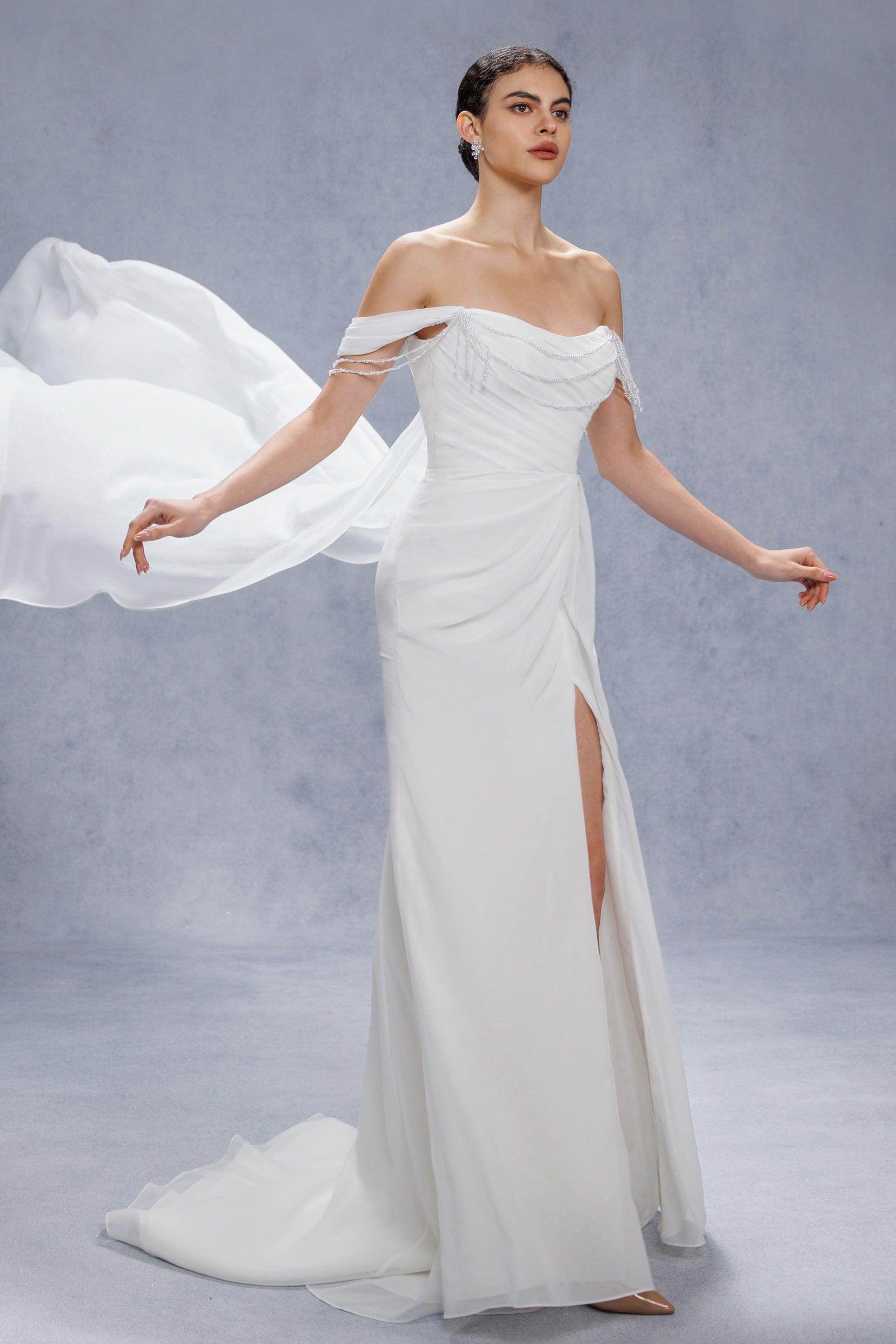 Sheath-Column Chapel Train Chiffon Wedding Dress CW3330
