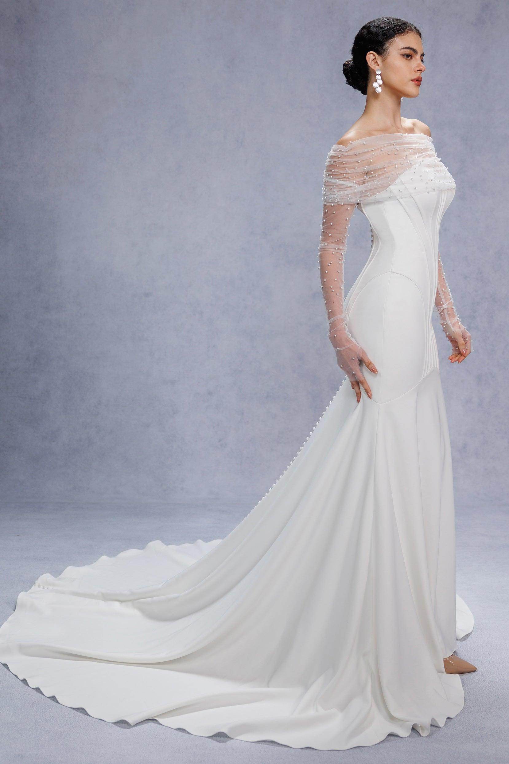 Trumpet-Mermaid Court Train Stretch Satin Wedding Dress CW3332