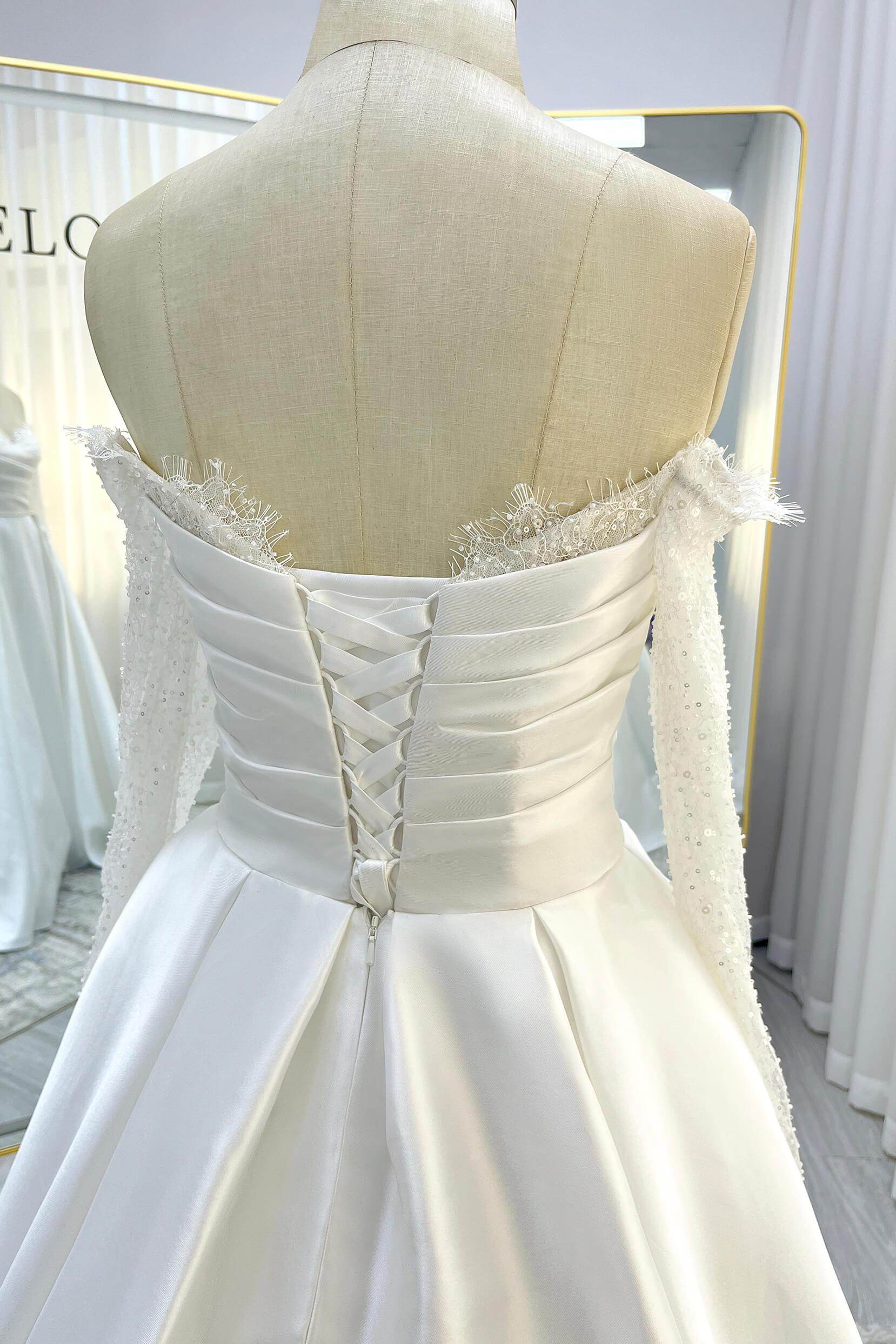 A-Line Court Train Mikado Lace Wedding Dress CW3335