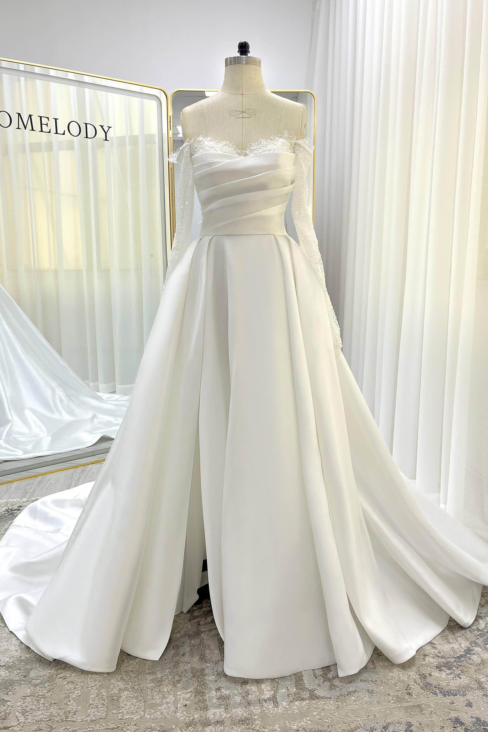 A-Line Court Train Mikado Lace Wedding Dress CW3335