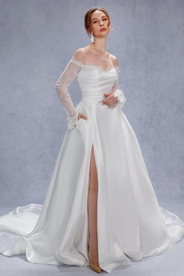 A-Line Court Train Mikado Lace Wedding Dress CW3335